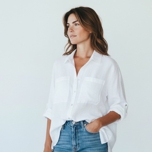 Megachoni Tops - Megachoni White Linen Button Down Shirt Relaxed Fit Roll Tab Sleeve Size S